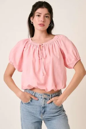 Pink Linen Two-Way Short Sleeve Crop Blouse