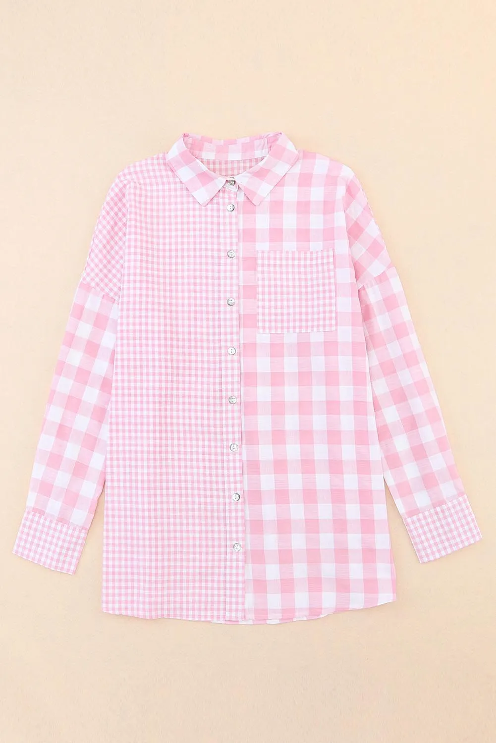 Pink Mix Checked Patchwork Long Sleeve Shirt