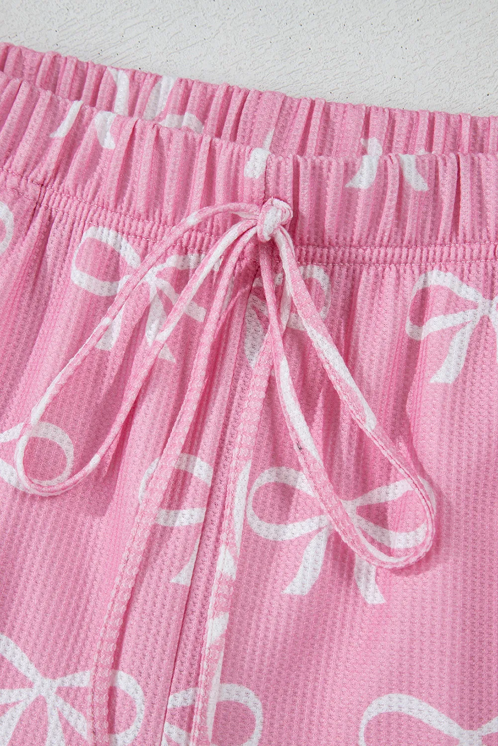 Pink Waffle Knit Bowknot Printed V Neck T Shirt and Shorts Set