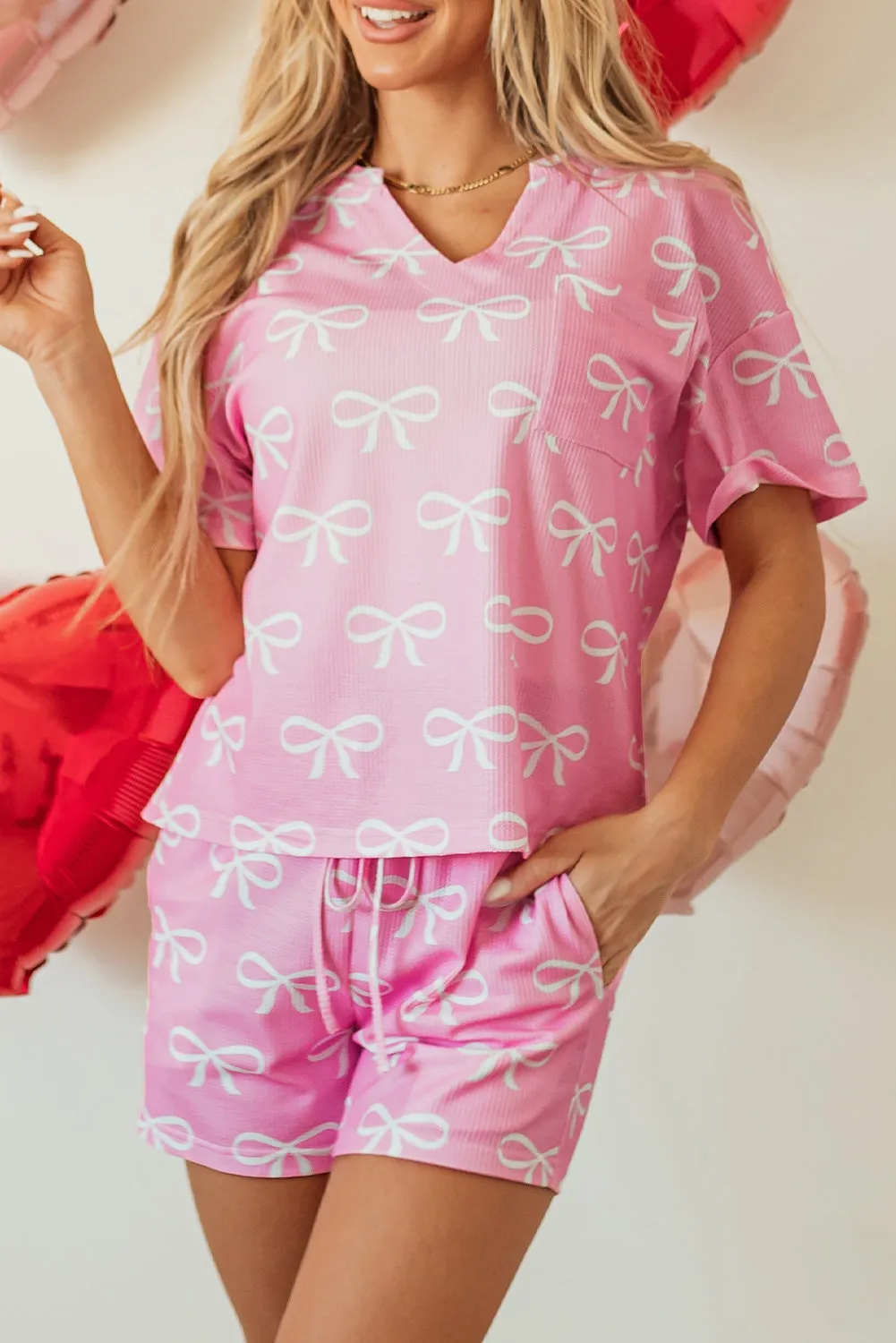 Pink Waffle Knit Bowknot Printed V Neck T Shirt and Shorts Set
