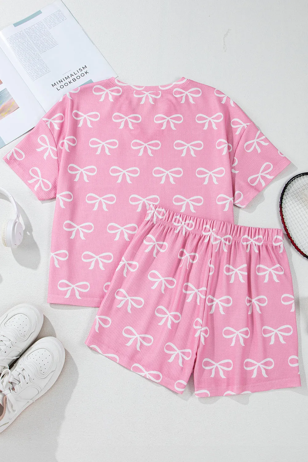 Pink Waffle Knit Bowknot Printed V Neck T Shirt and Shorts Set