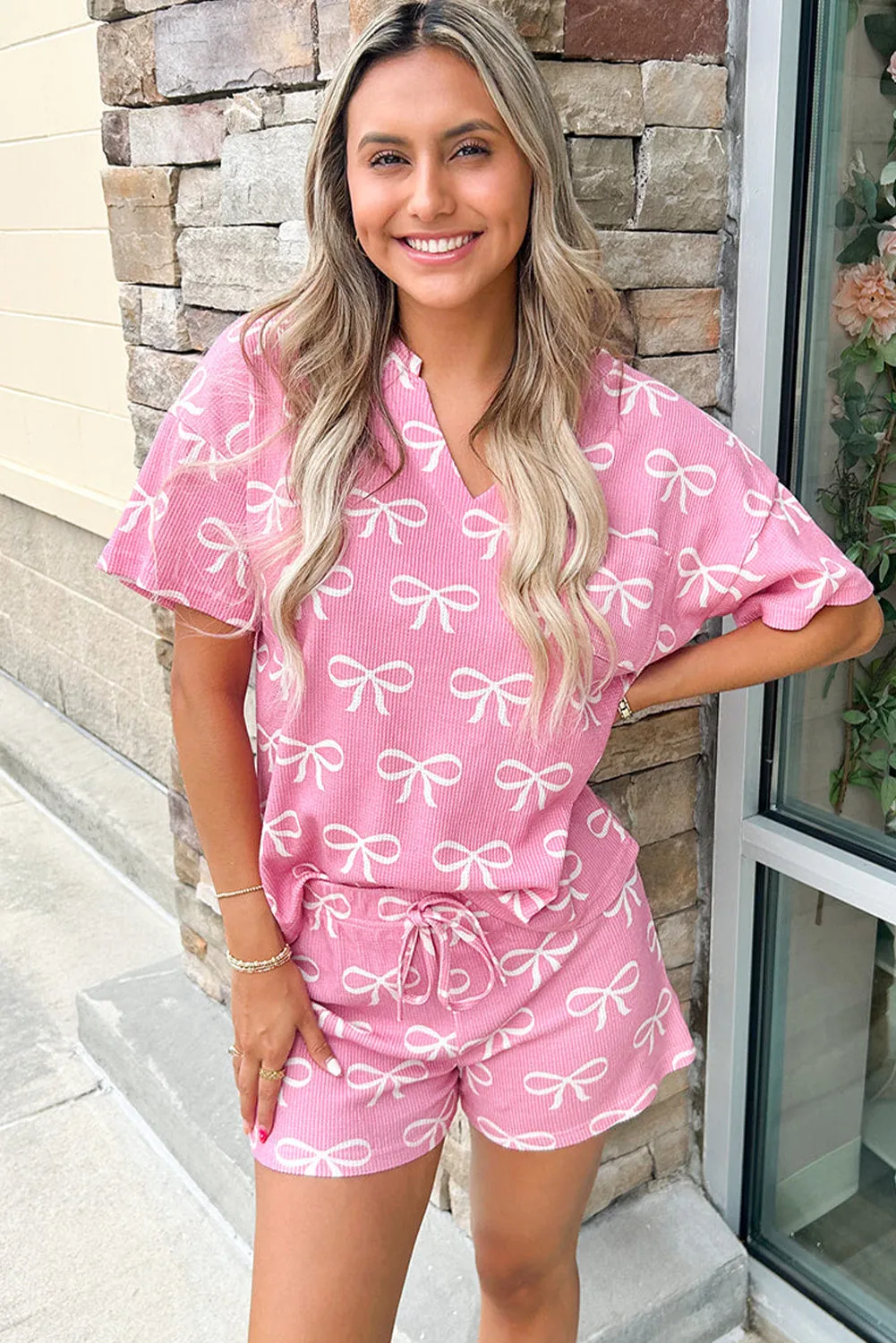 Pink Waffle Knit Bowknot Printed V Neck T Shirt and Shorts Set