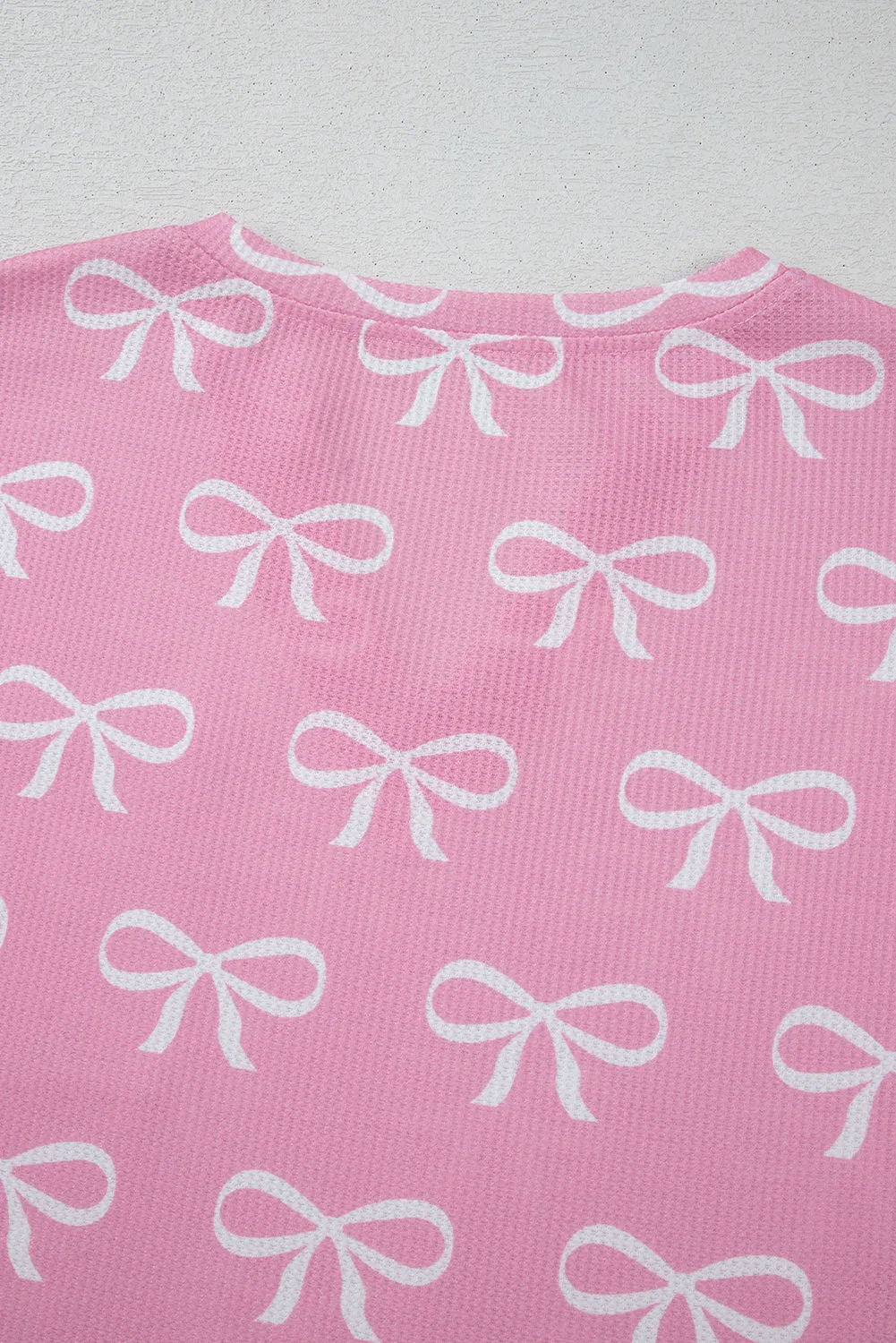 Pink Waffle Knit Bowknot Printed V Neck T Shirt and Shorts Set