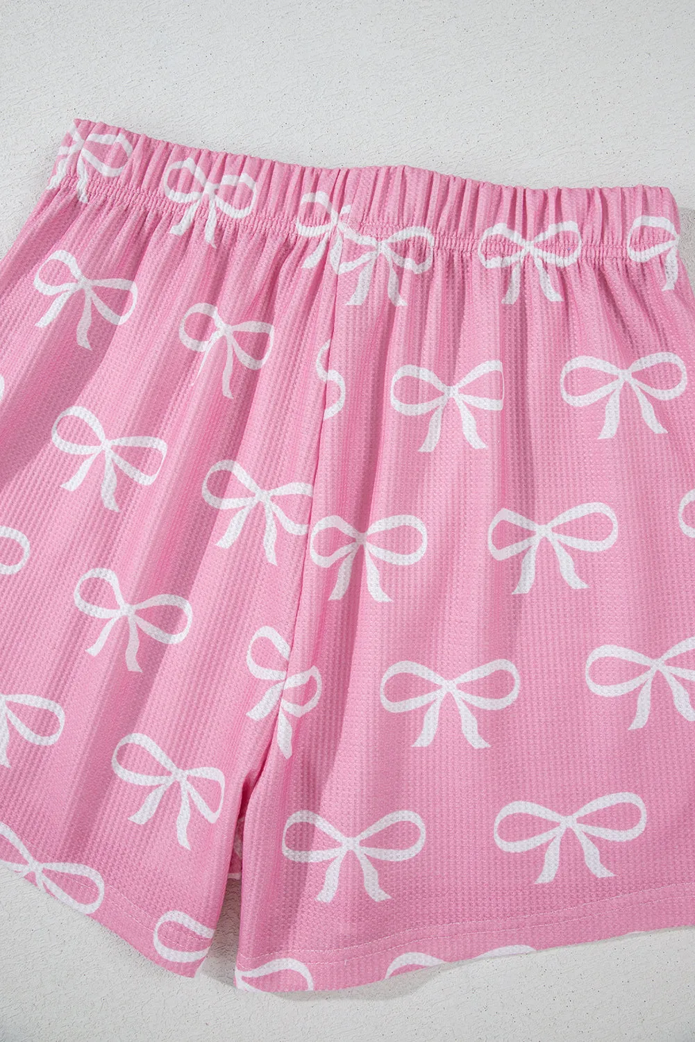 Pink Waffle Knit Bowknot Printed V Neck T Shirt and Shorts Set