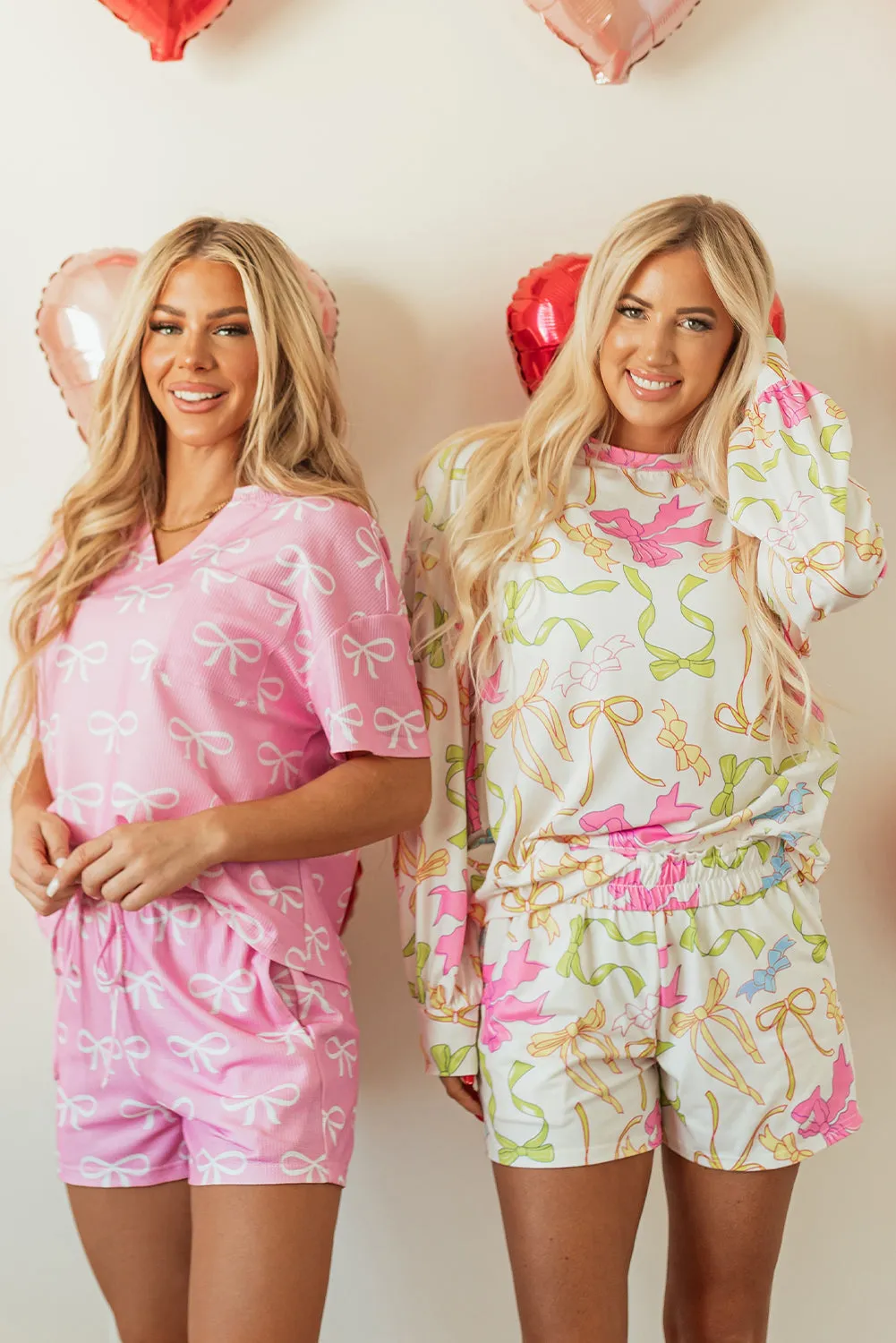 Pink Waffle Knit Bowknot Printed V Neck T Shirt and Shorts Set