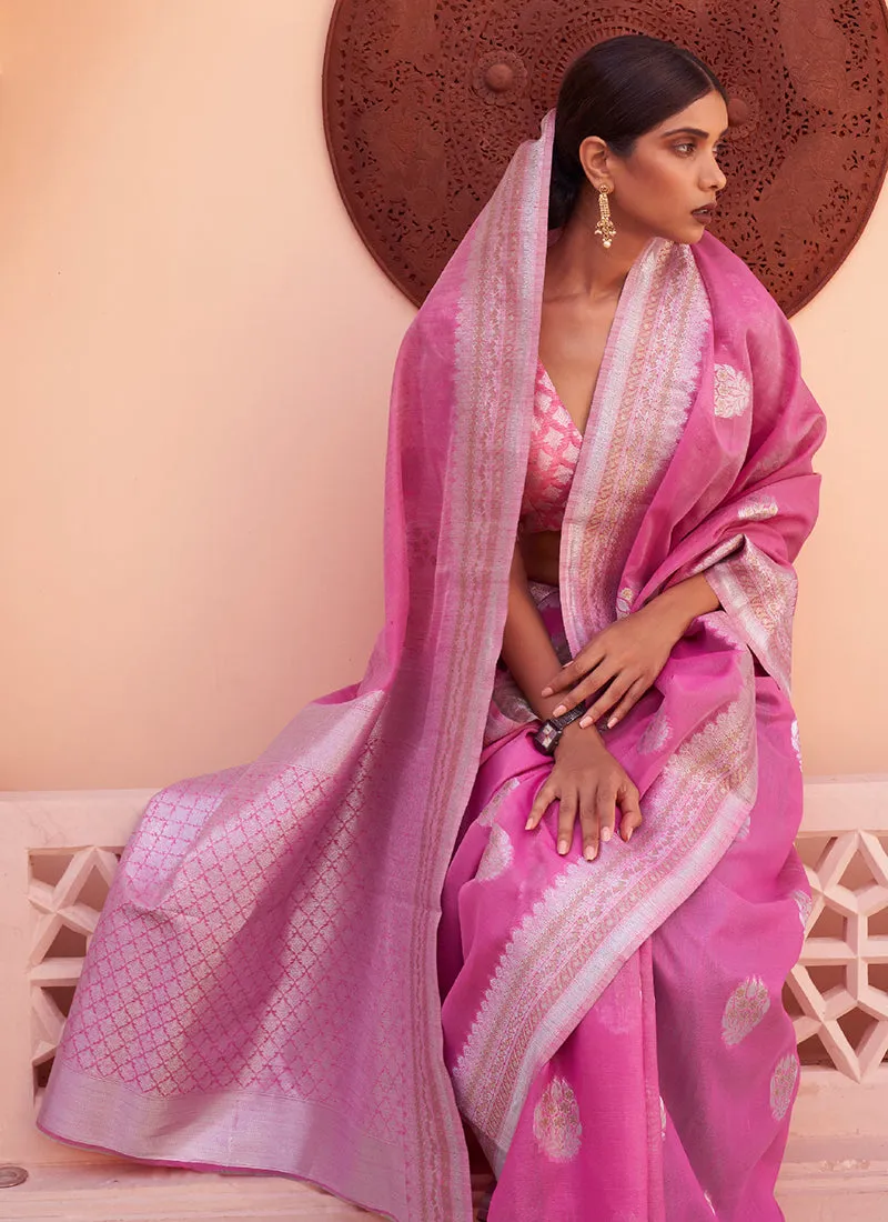 Pink Weaved Handloom Pure Linen Traditional Saree