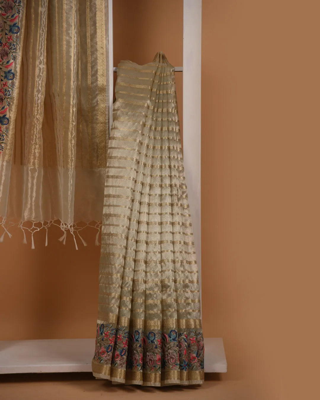 Pista Green With Gold OrganzaTissue Blend Embroidered Saree With Organza Tissue Blend Blouse