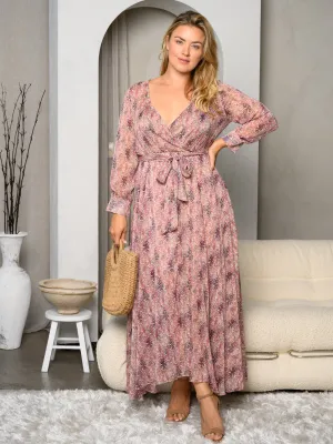 PLUS SIZE LONG SLEEVE V-NECK SURPLICE PRINT MAXI DRESS