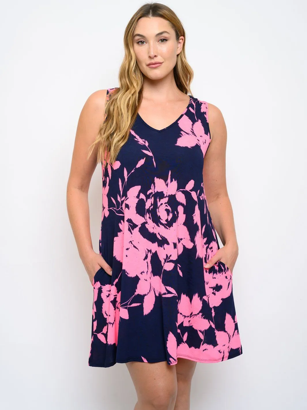 PLUS SIZE POCKETS TUNIC FLORAL MINI DRESS
