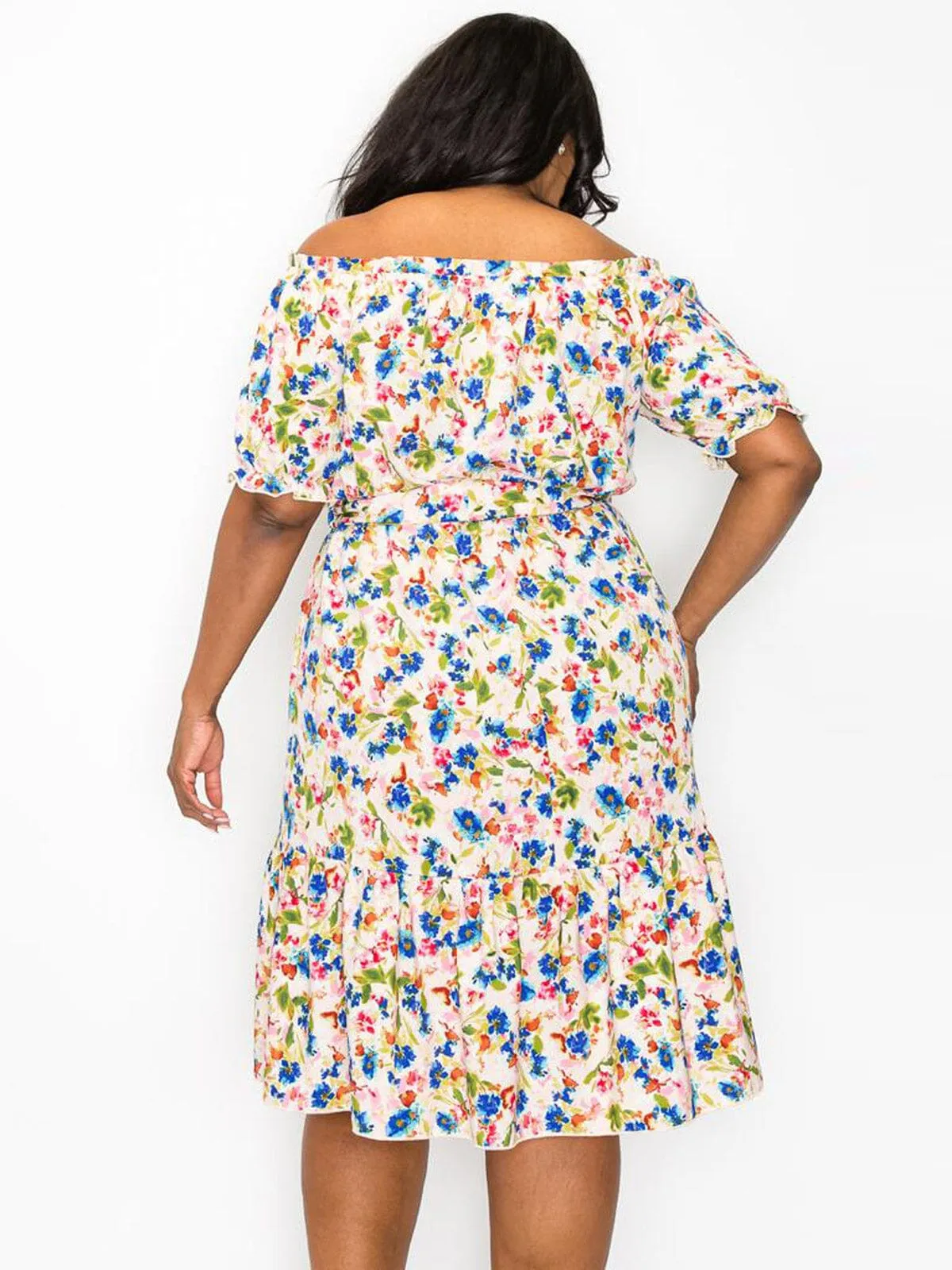 PLUS SIZE SHORT SLEEVE OFF SHOULDER FLORAL MINI DRESS