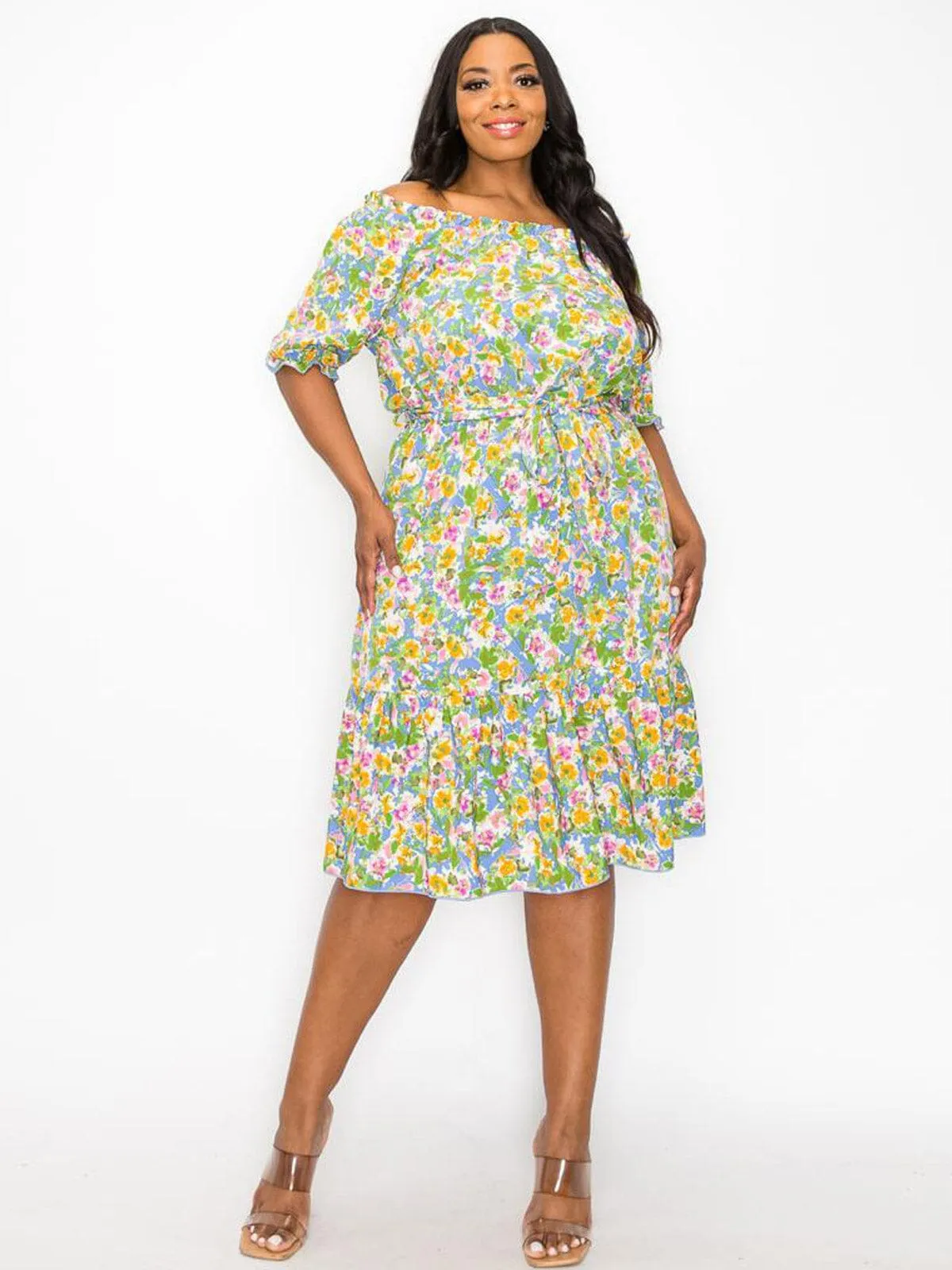 PLUS SIZE SHORT SLEEVE OFF SHOULDER FLORAL MINI DRESS