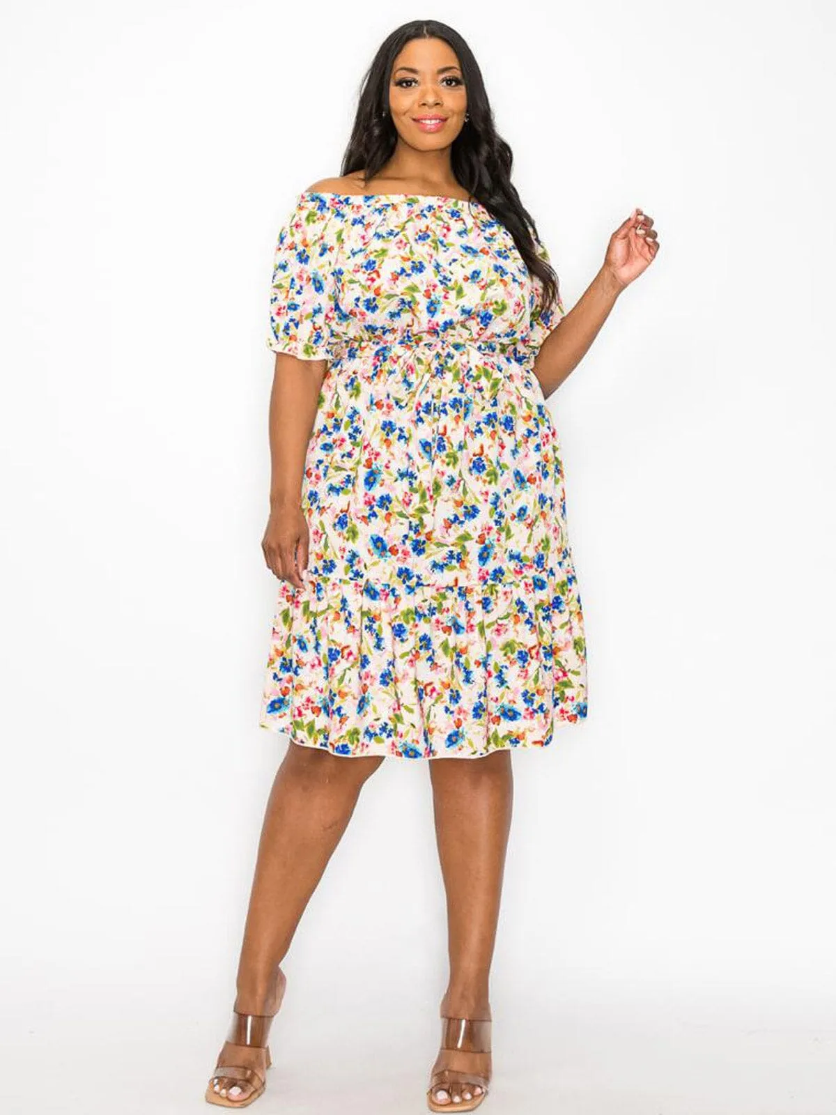 PLUS SIZE SHORT SLEEVE OFF SHOULDER FLORAL MINI DRESS