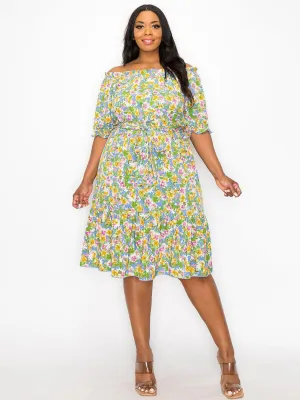 PLUS SIZE SHORT SLEEVE OFF SHOULDER FLORAL MINI DRESS