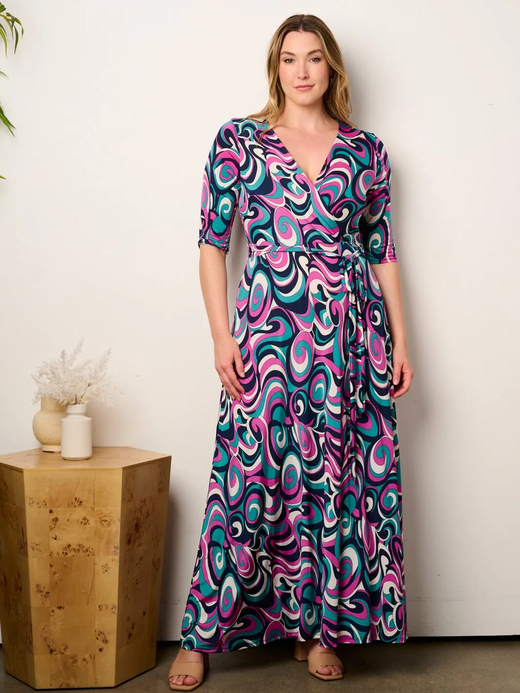 PLUS SIZE SHORT SLEEVE SELF TIE SURPLICE MULTI PRINT MAXI DRESS