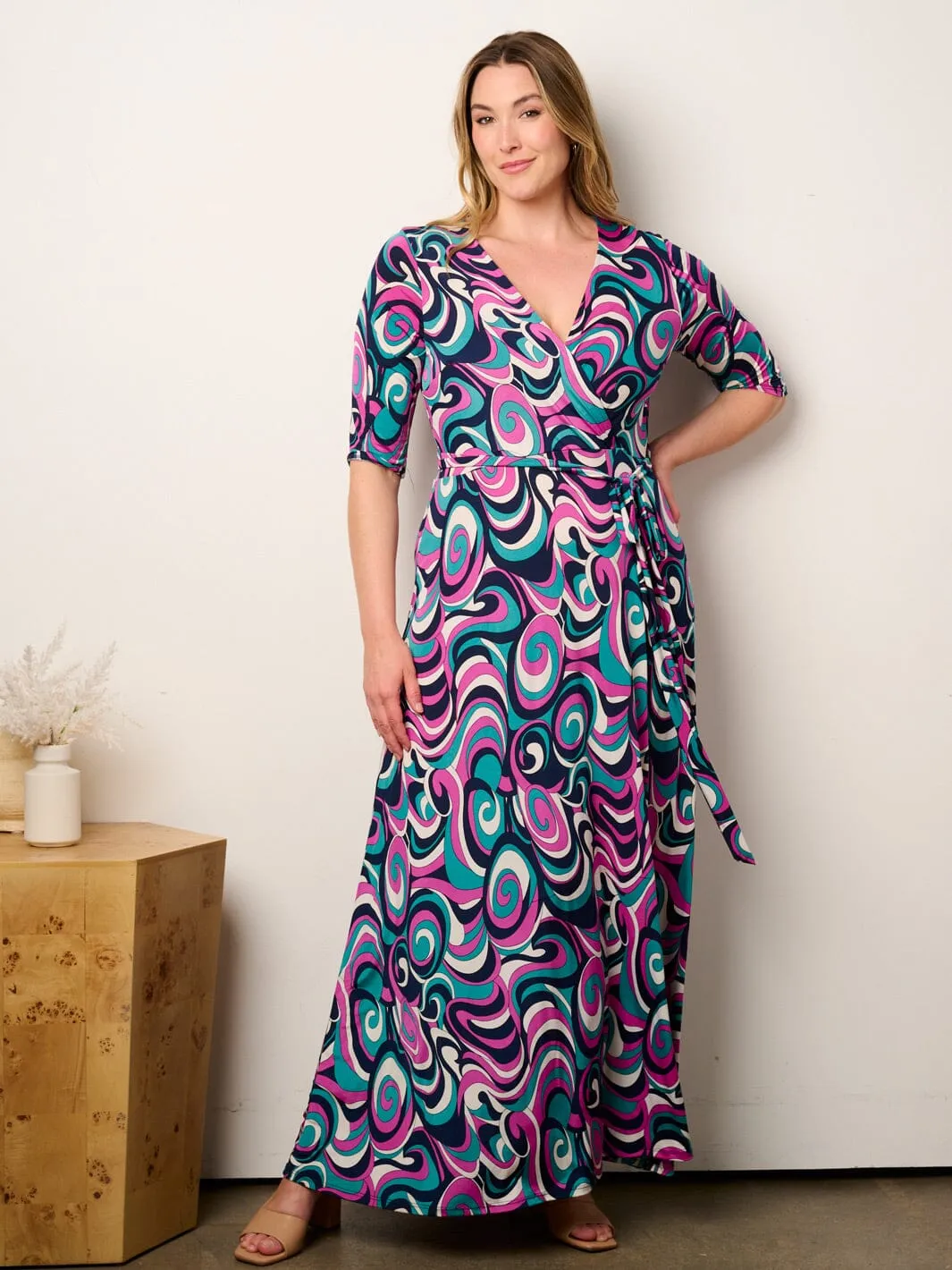 PLUS SIZE SHORT SLEEVE SELF TIE SURPLICE MULTI PRINT MAXI DRESS