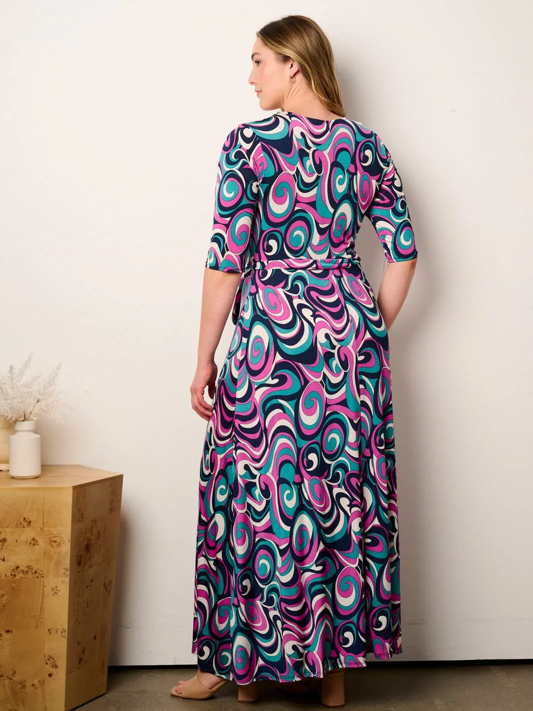 PLUS SIZE SHORT SLEEVE SELF TIE SURPLICE MULTI PRINT MAXI DRESS