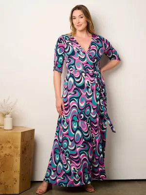 PLUS SIZE SHORT SLEEVE SELF TIE SURPLICE MULTI PRINT MAXI DRESS