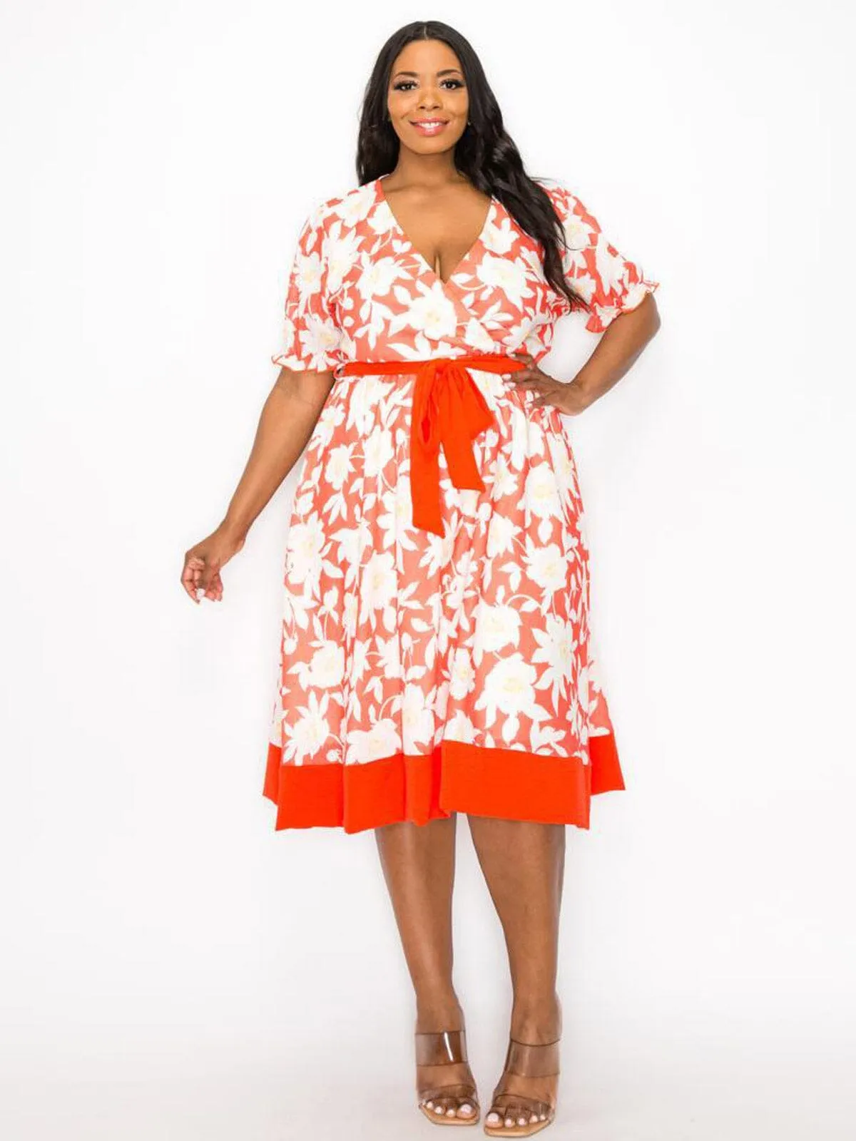 PLUS SIZE SHORT SLEEVE SURPLICE SELF TIE FLORAL MIDI DRESS