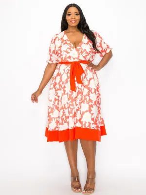 PLUS SIZE SHORT SLEEVE SURPLICE SELF TIE FLORAL MIDI DRESS