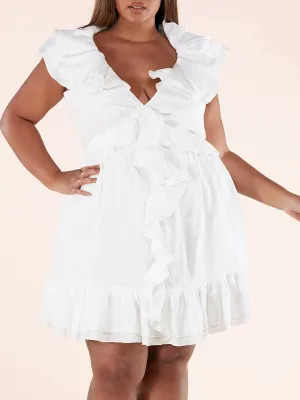 PLUS SIZE SLEEVELESS V-NECK RUFFLE OPEN BACK TIE MINI DRESS