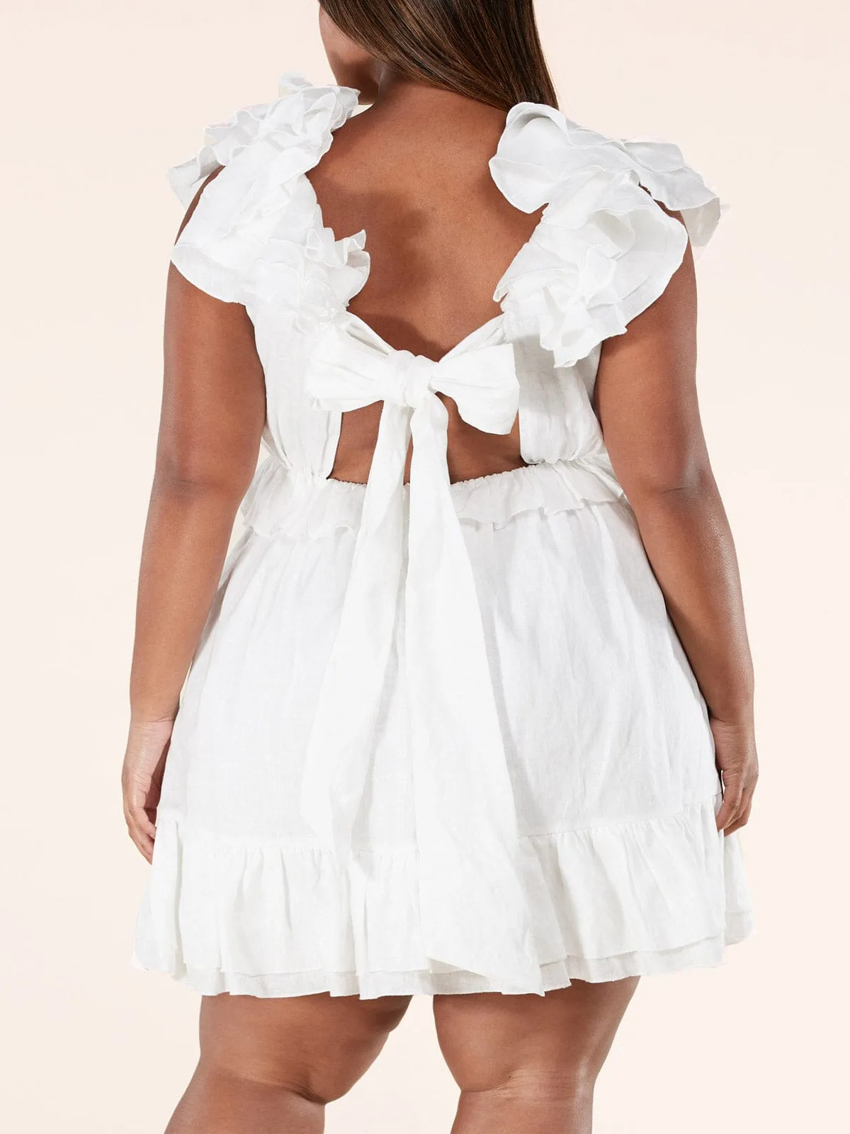 PLUS SIZE SLEEVELESS V-NECK RUFFLE OPEN BACK TIE MINI DRESS