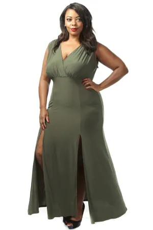 Plus Size Solid Double Slit V-neck Dress
