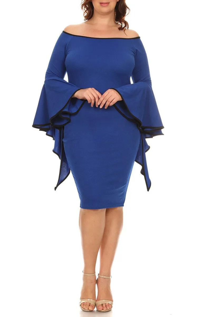 Plus Size Solid Off Shoulder Midi Dress Long Flutter Sleeves