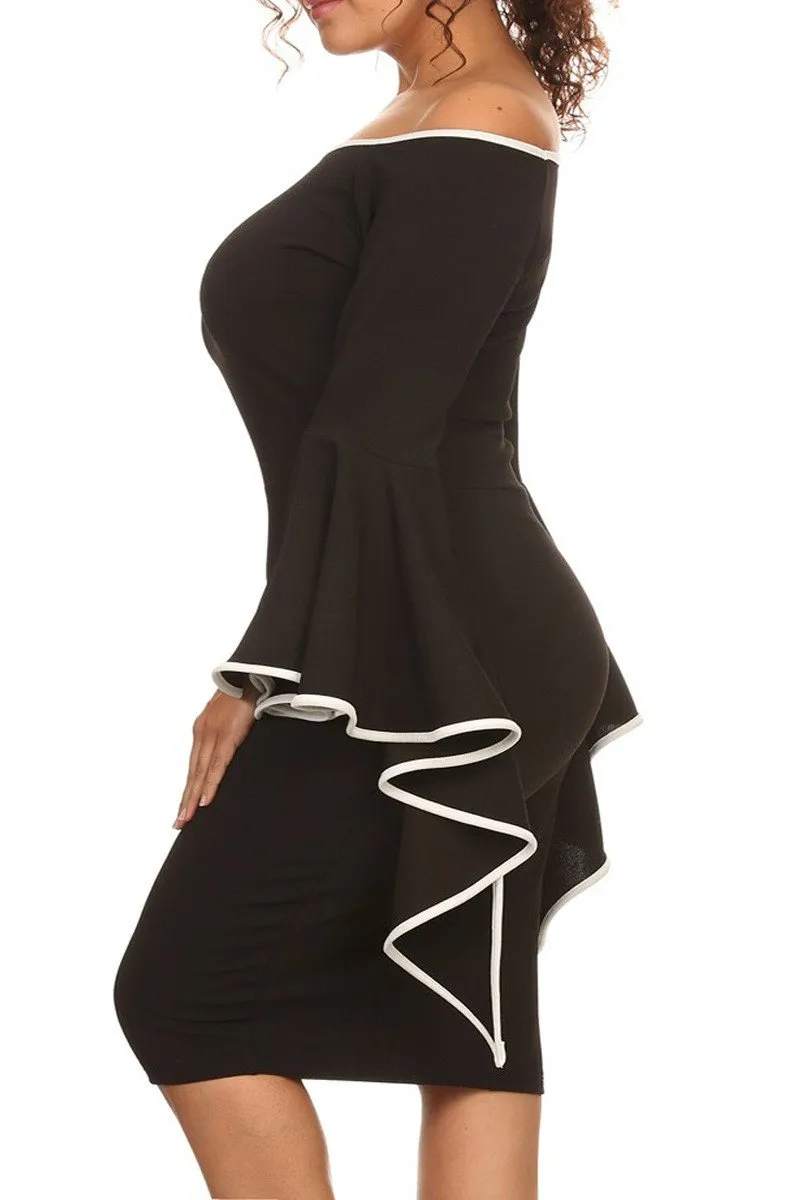 Plus Size Solid Off Shoulder Midi Dress Long Flutter Sleeves