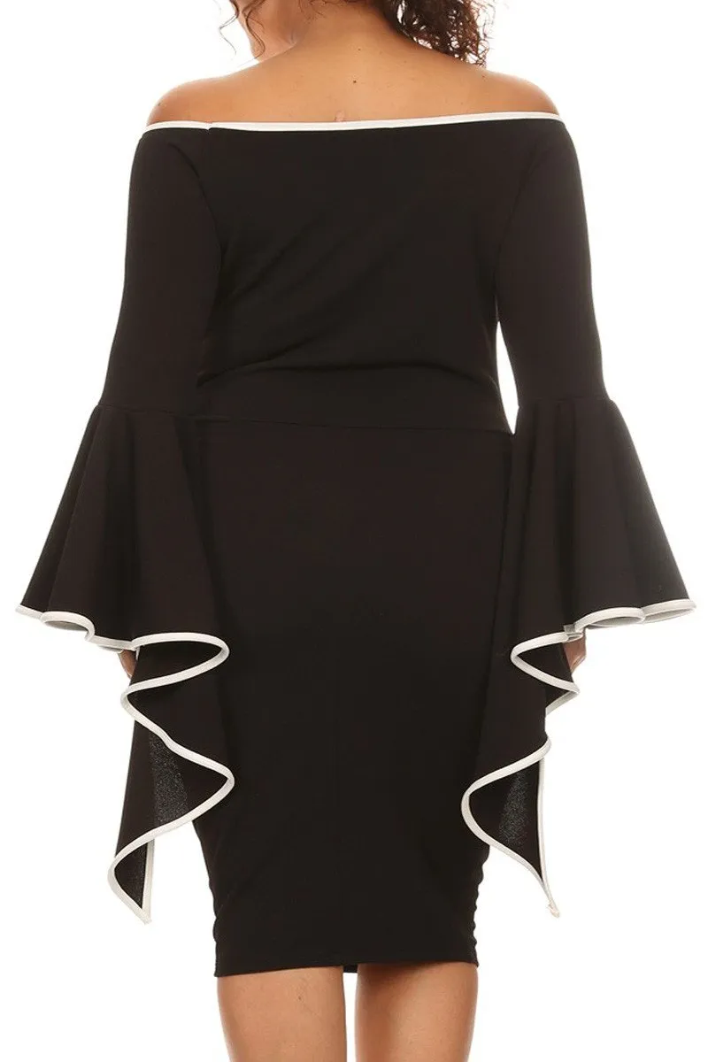 Plus Size Solid Off Shoulder Midi Dress Long Flutter Sleeves