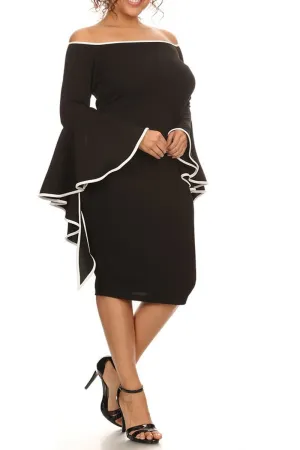 Plus Size Solid Off Shoulder Midi Dress Long Flutter Sleeves
