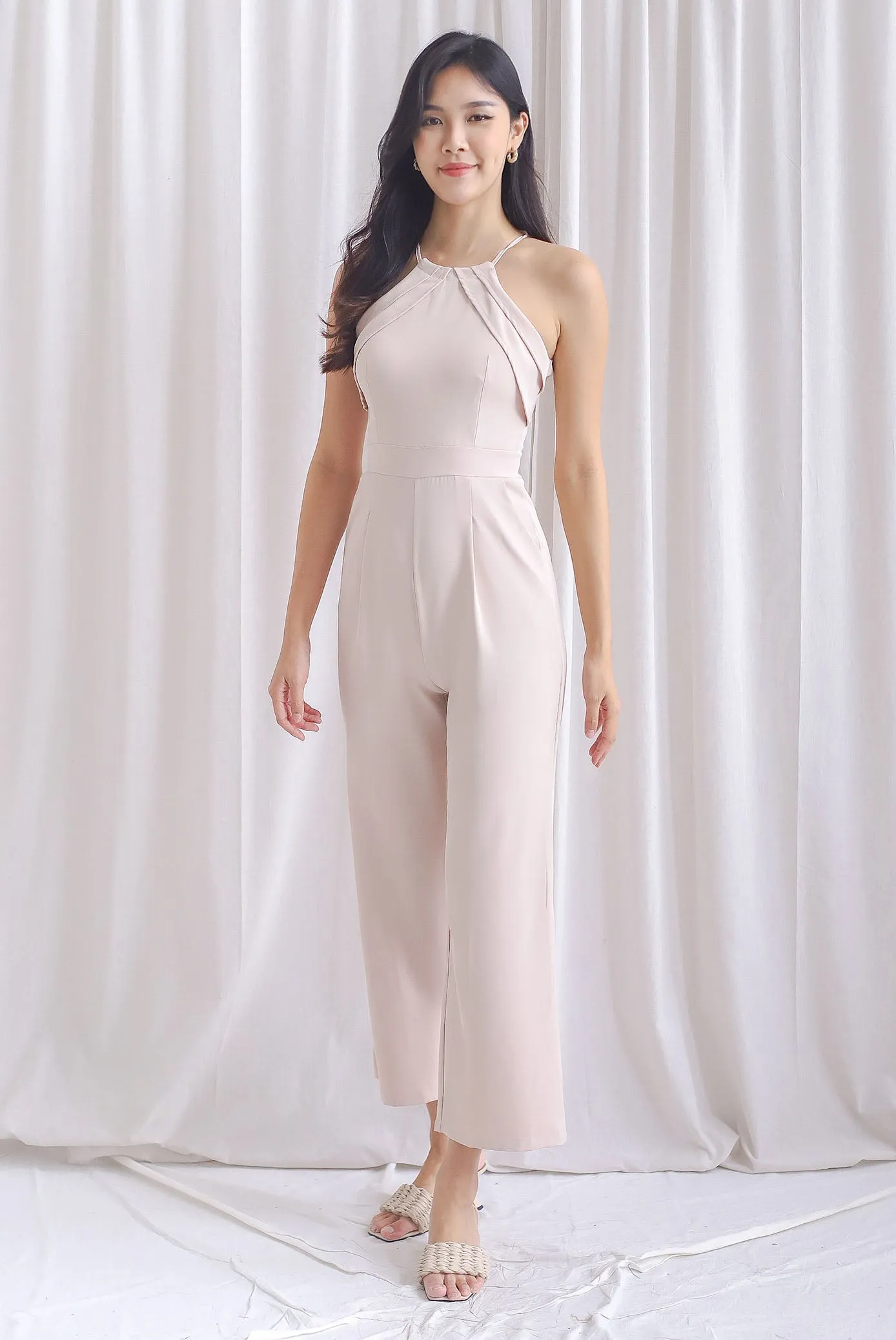 Polina Origami Halter Jumpsuit In Ecru