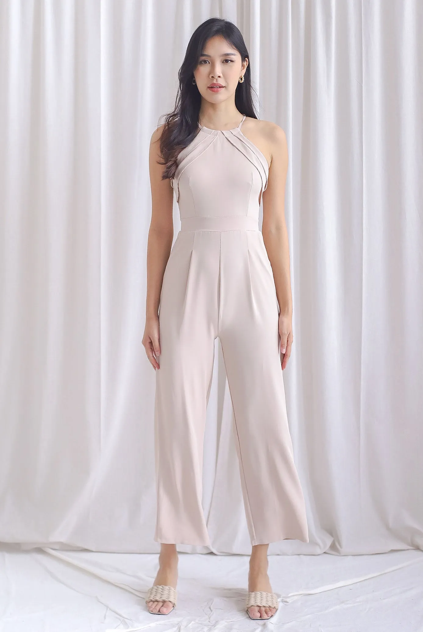 Polina Origami Halter Jumpsuit In Ecru