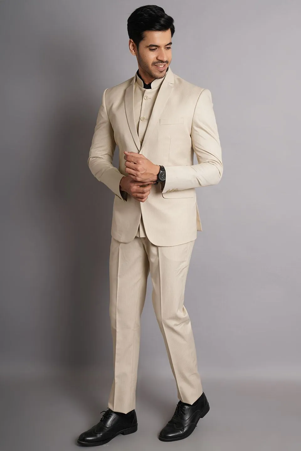 Poly Viscose Beige Solid Three Piece Suit