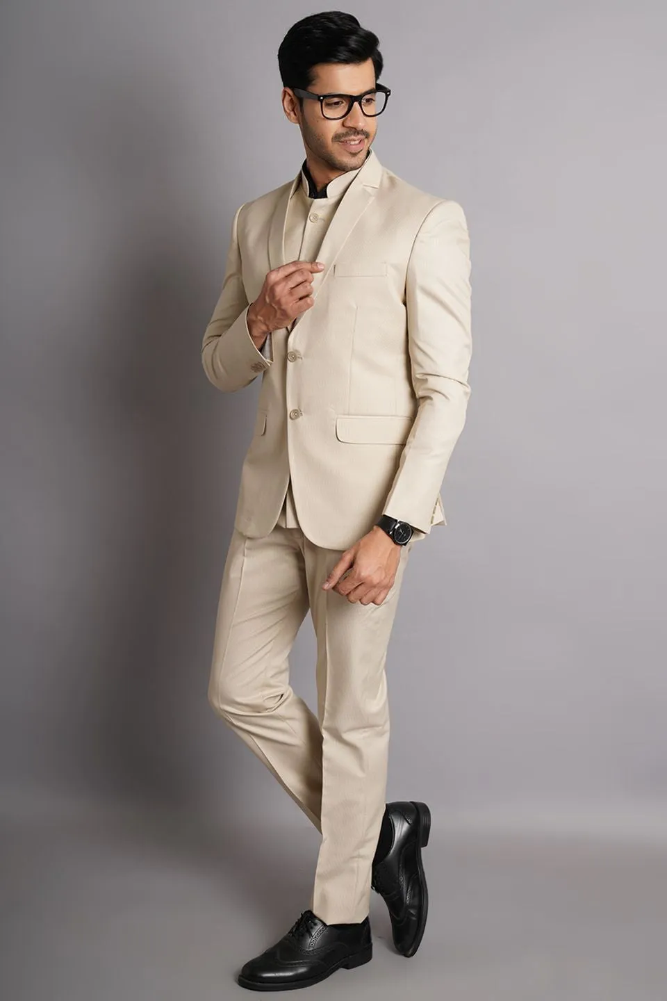 Poly Viscose Beige Solid Three Piece Suit
