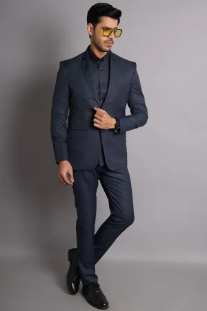 Poly Viscose Blue Solid Three Piece Suit