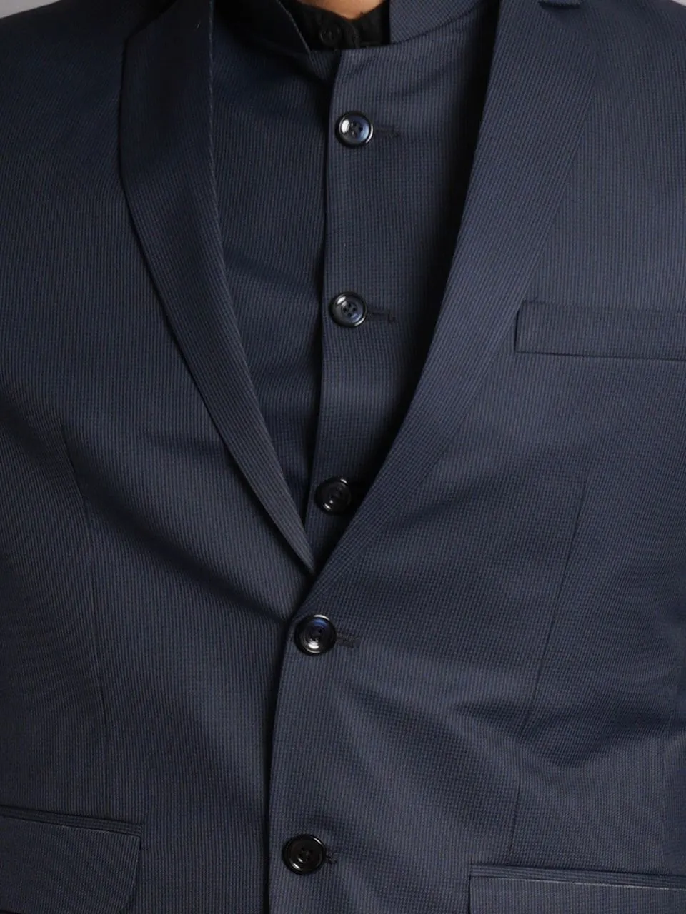 Poly Viscose Blue Solid Three Piece Suit