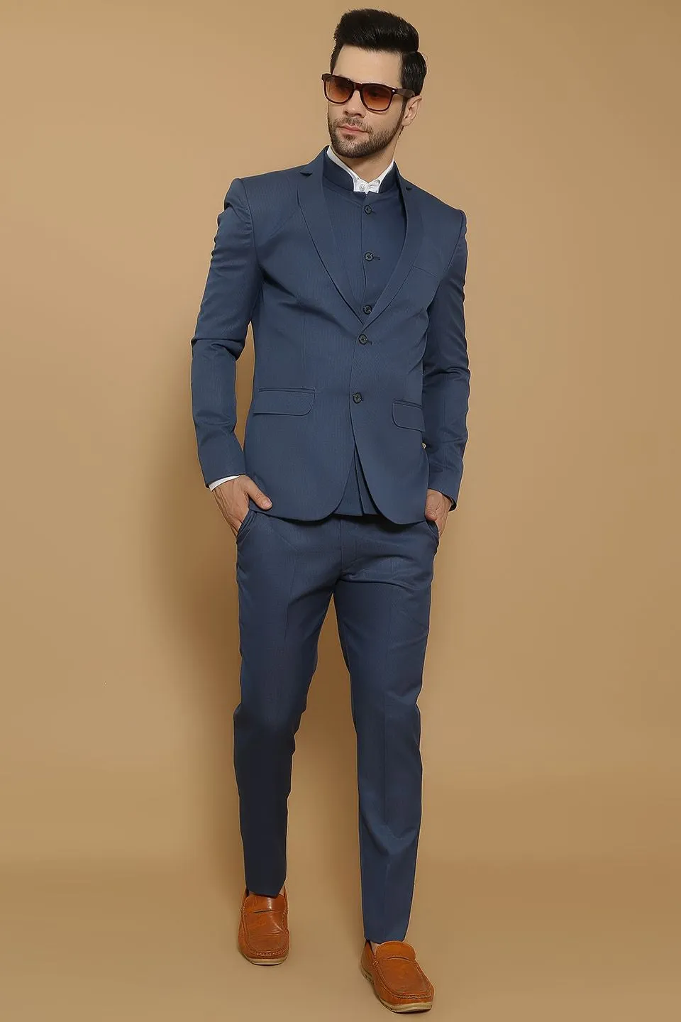 Poly Viscose Blue Three Piece Suit