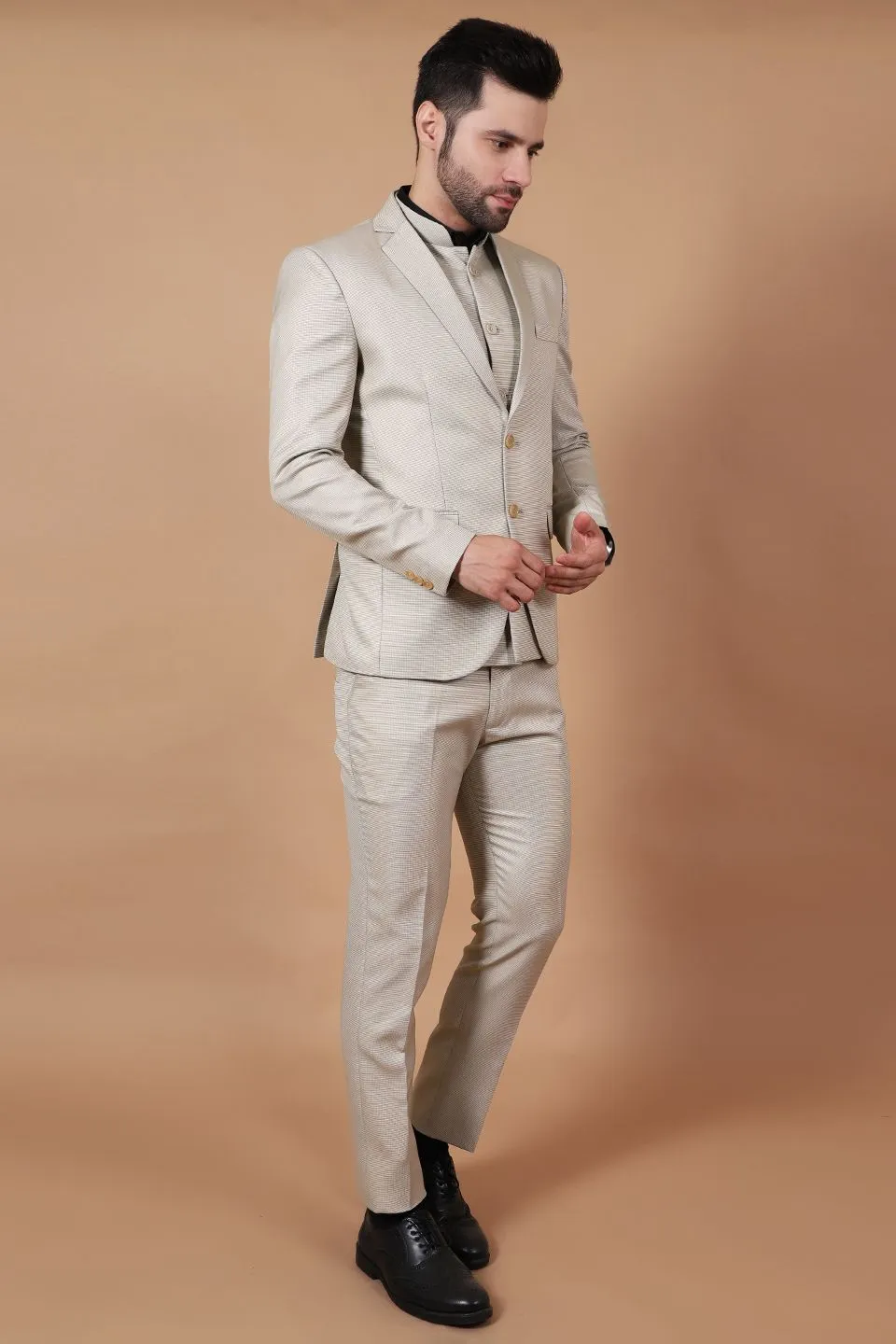 Polyester Cotton Beige Three Piece Suit