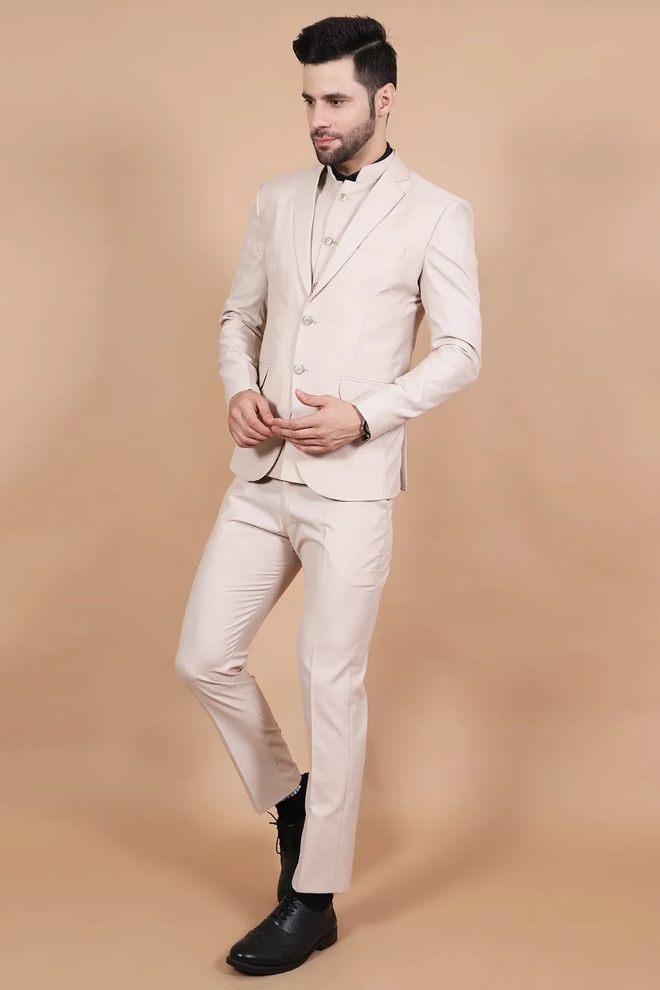 Polyester Cotton Beige Three Piece Suit