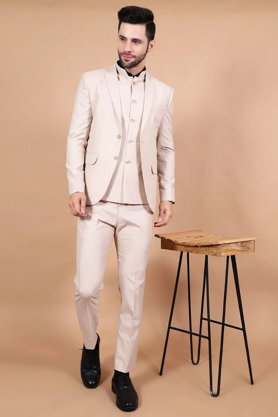 Polyester Cotton Beige Three Piece Suit