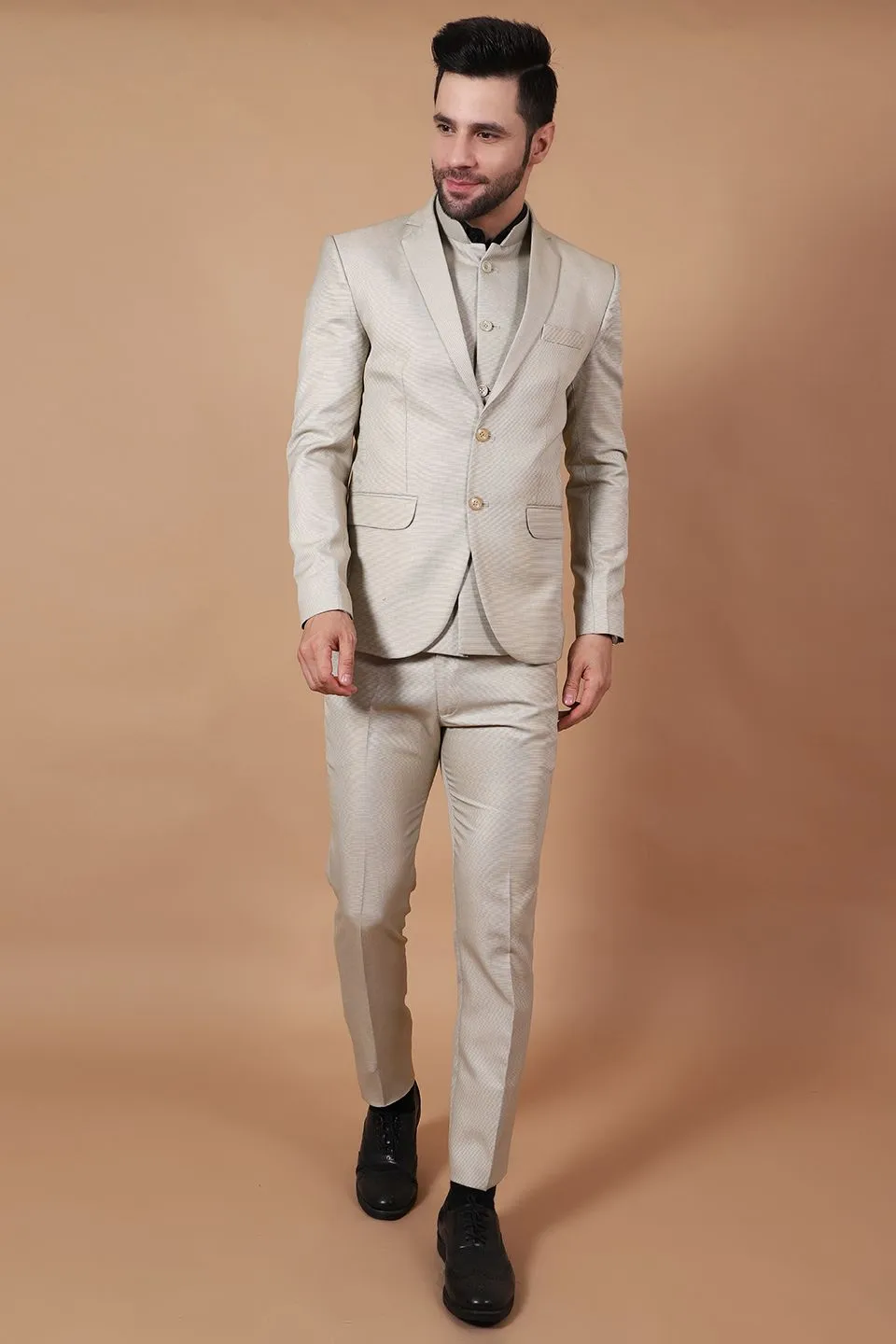 Polyester Cotton Beige Three Piece Suit