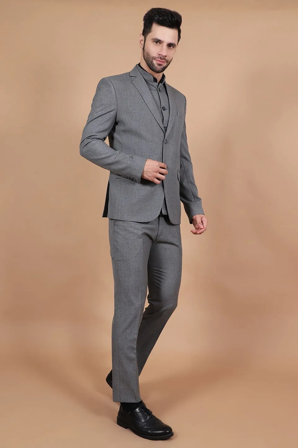 Polyester Cotton Grey Three Piece Suit