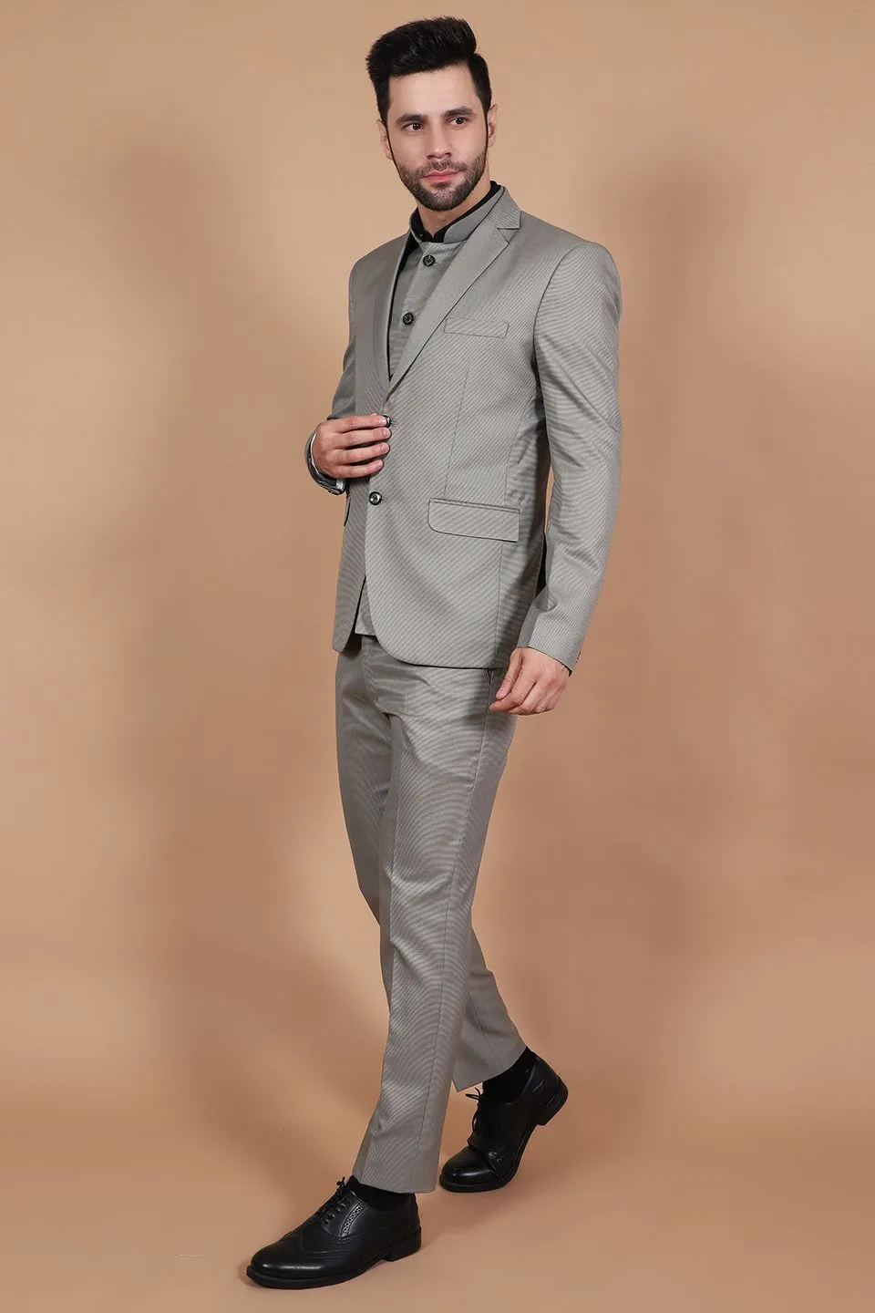 Polyester Cotton Grey Three Piece Suit