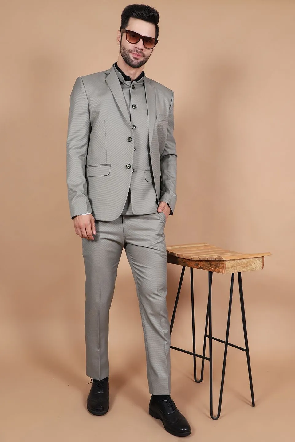 Polyester Cotton Grey Three Piece Suit