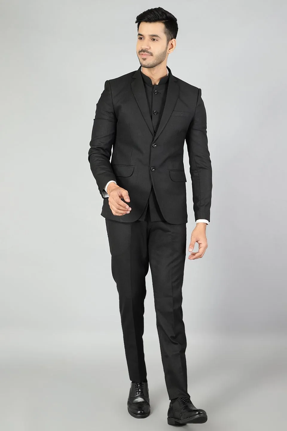 Polyester Cotton Plain Black Three Piece Suit