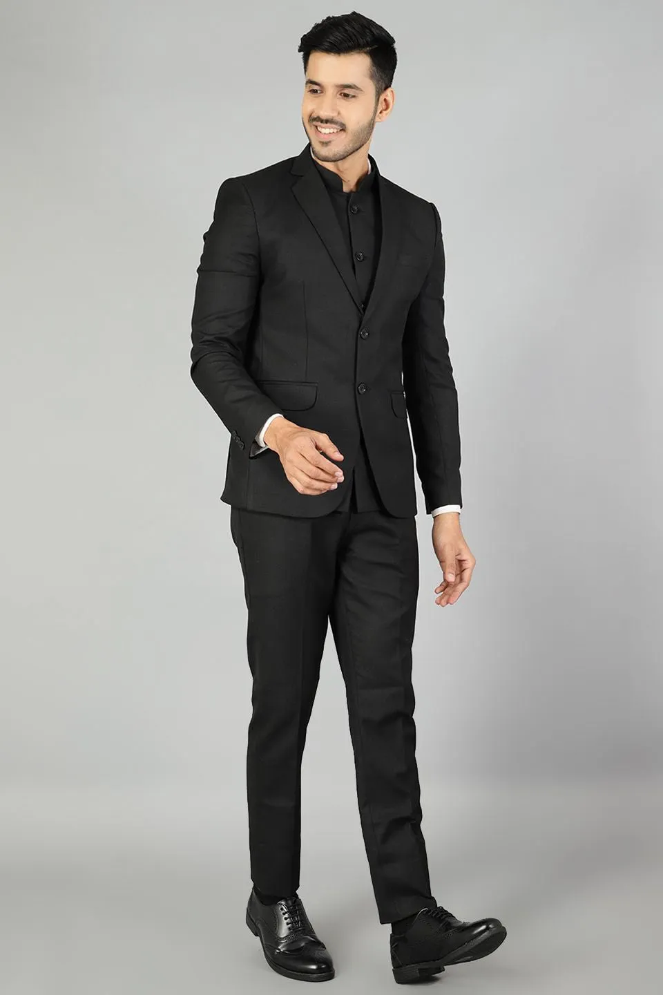 Polyester Cotton Plain Black Three Piece Suit
