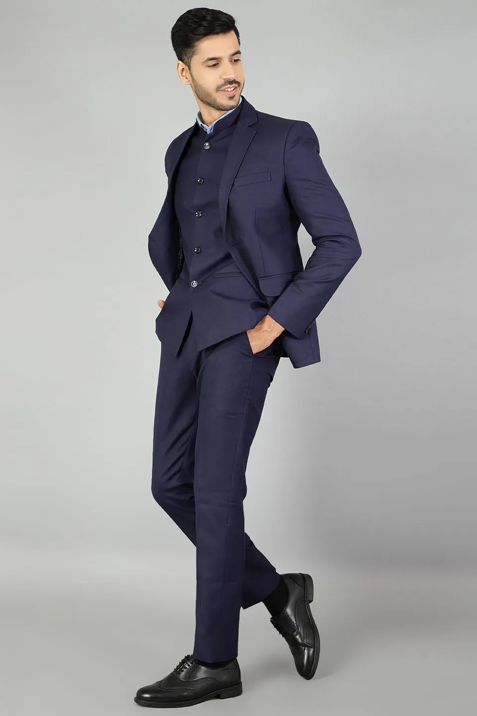 Polyester Cotton Plain Blue Three Piece Suit