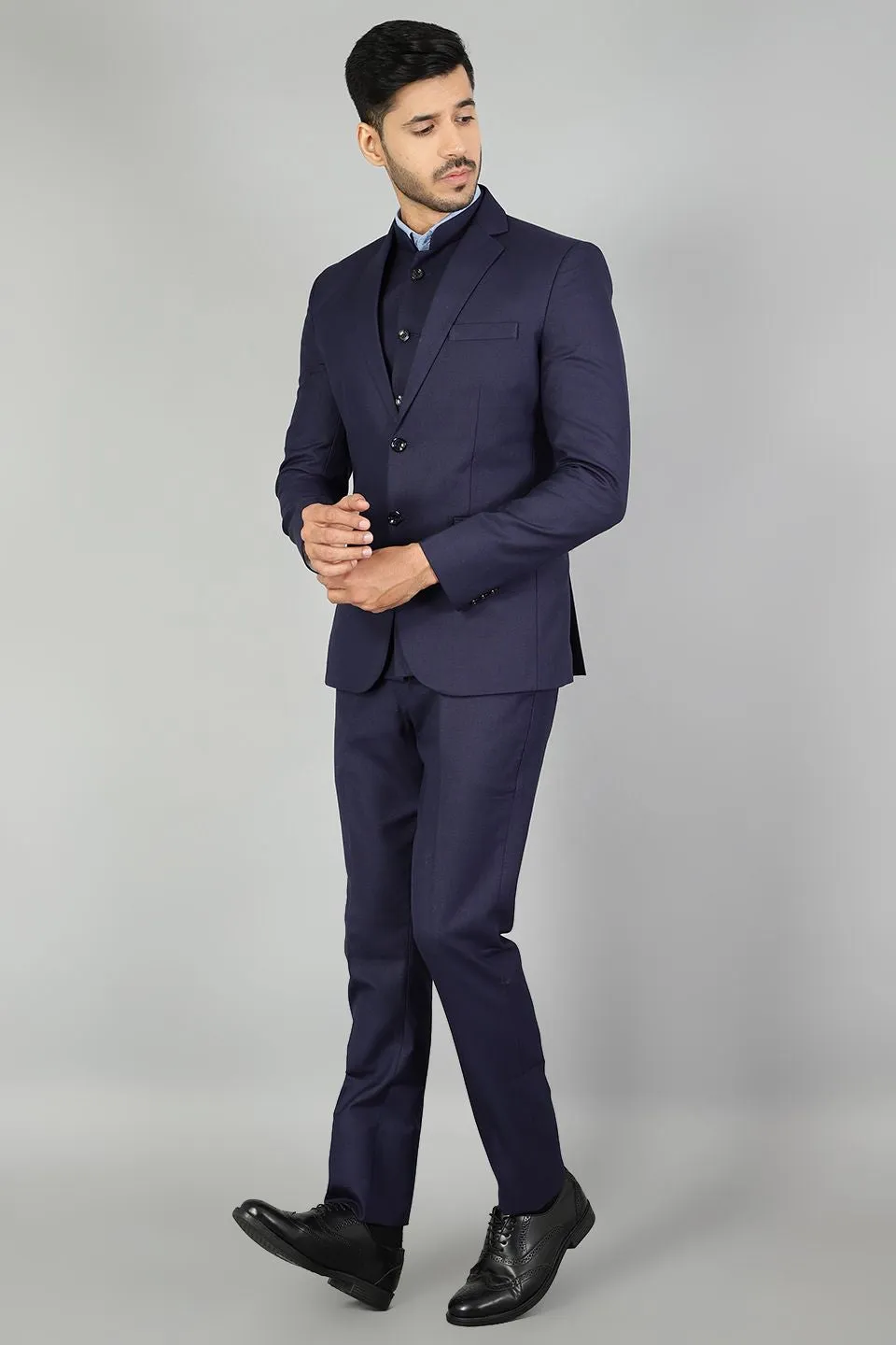 Polyester Cotton Plain Blue Three Piece Suit