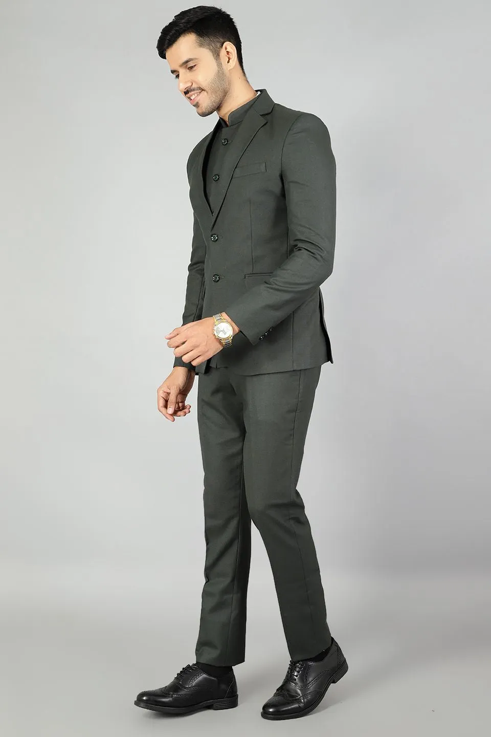 Polyester Cotton Plain Green Three Piece Suit