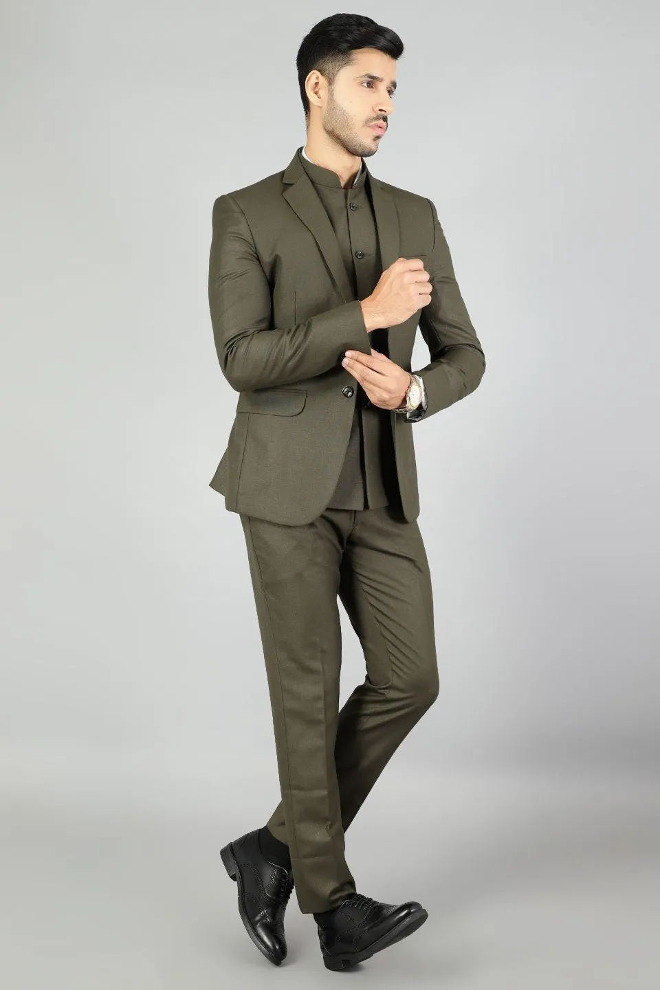 Polyester Cotton Plain Green Three Piece Suit